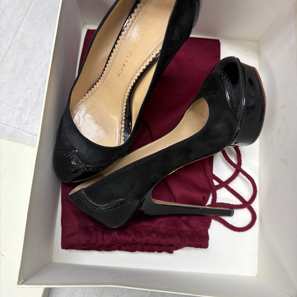 Charlotte Olympia Spectator Dolly Heels Black Suede Patent Platform Pumps EU 40
